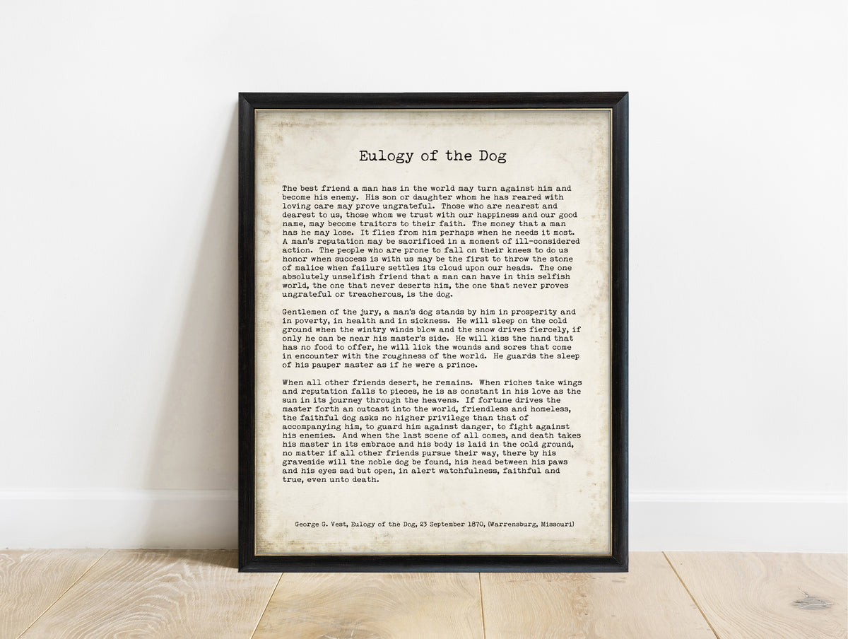 George Graham Vest Eulogy of the Dog full speech print in typewriter type, vintage background, in a black frame