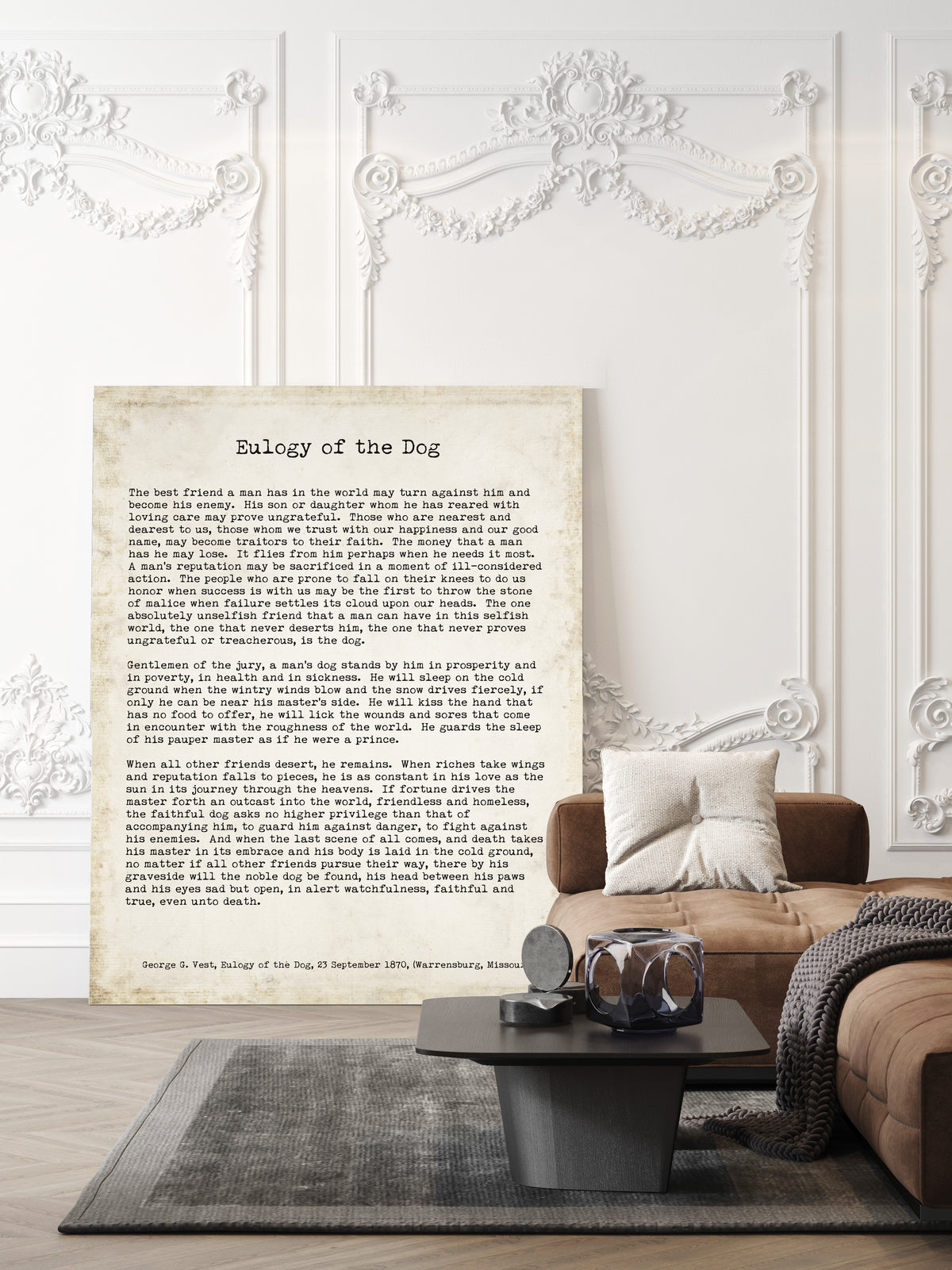 George Graham Vest Eulogy of the Dog full speech print in typewriter type, vintage background, shown unframed in a living room