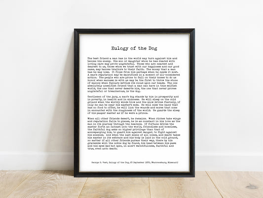 George Graham Vest Eulogy of the Dog full speech print in typewriter type, white background, in a black frame