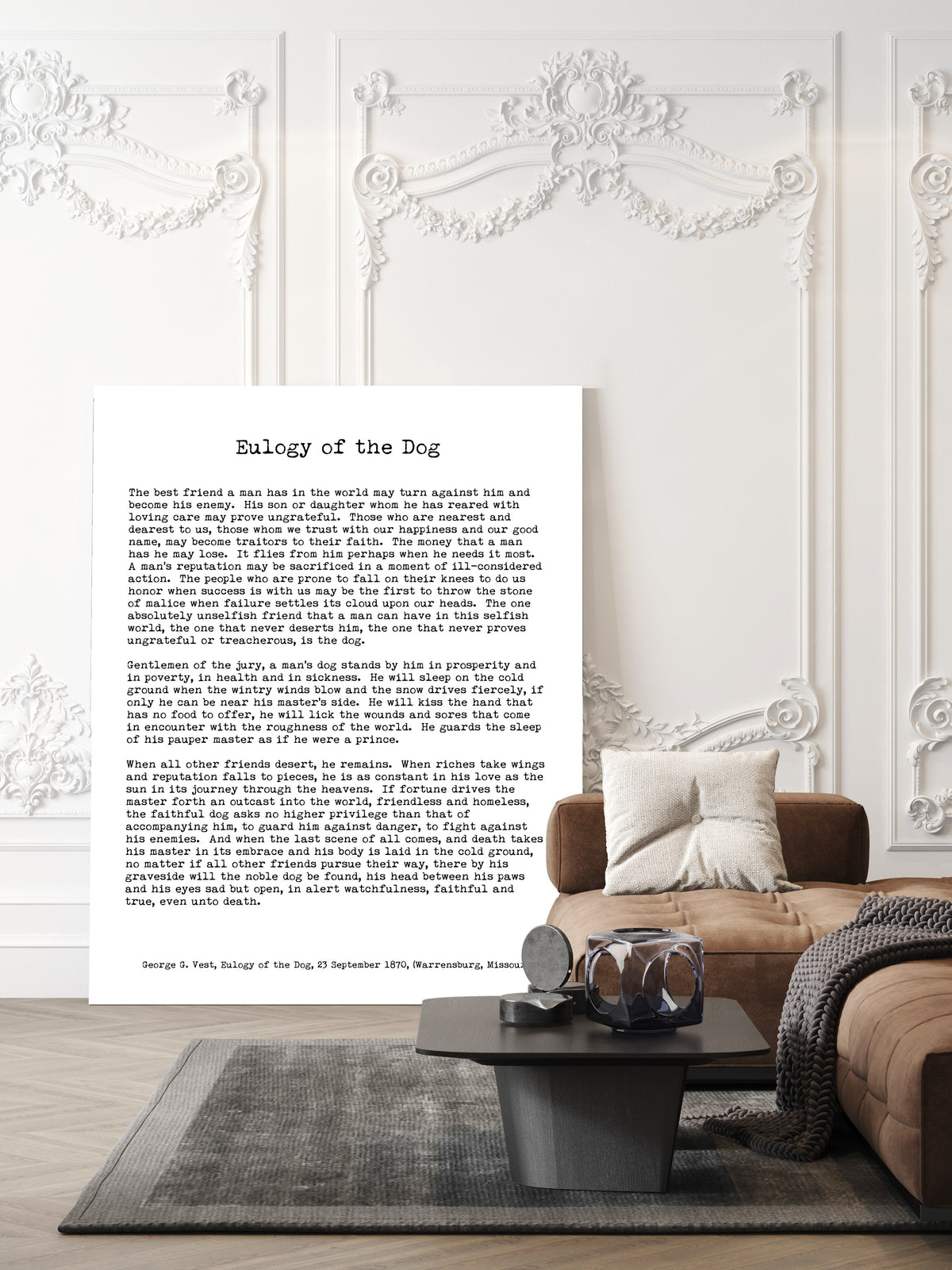 George Graham Vest Eulogy of the Dog full speech print in typewriter type, white background, shown unframed in a living room
