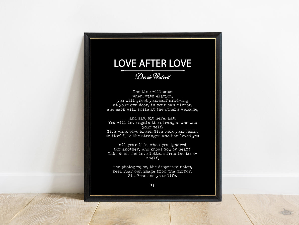 Derek Walcott Love After Love book page print in a black frame, black background