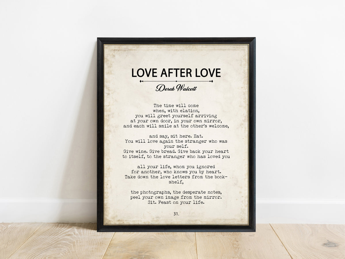 Derek Walcott Love After Love book page print in a black frame, vintage background