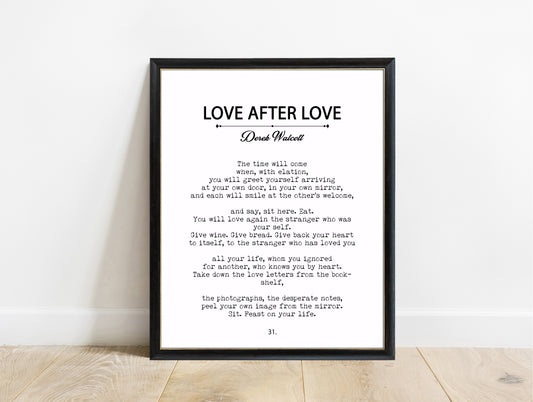Derek Walcott Love After Love book page print in a black frame, white background