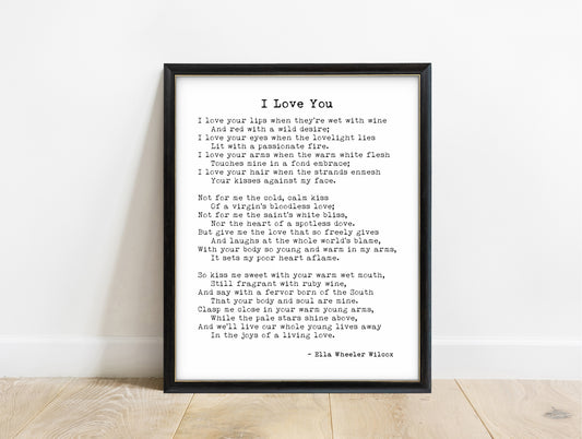 Ella Wheeler Wilcox I Love You typewriter poem print in a black frame, white background