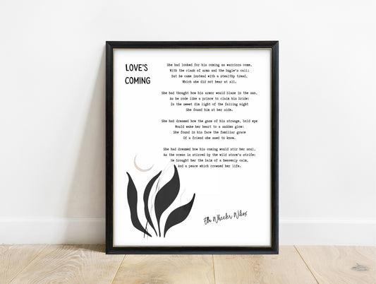 Ella Wheeler Wilcox Love's Coming poem print with black leaves and a crescent moon, in a black frame