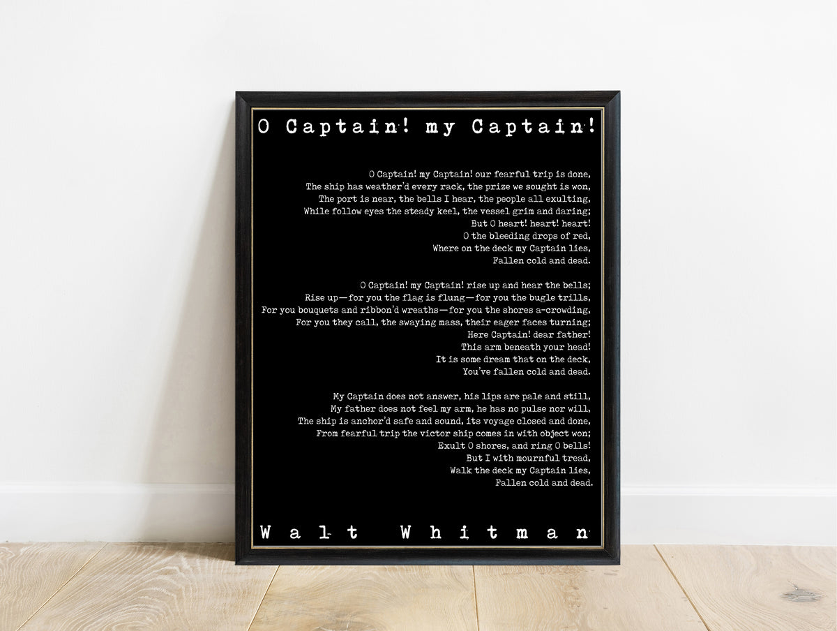 Walt Whitman O Captain My Captain typewriter poem print in a black frame, black background