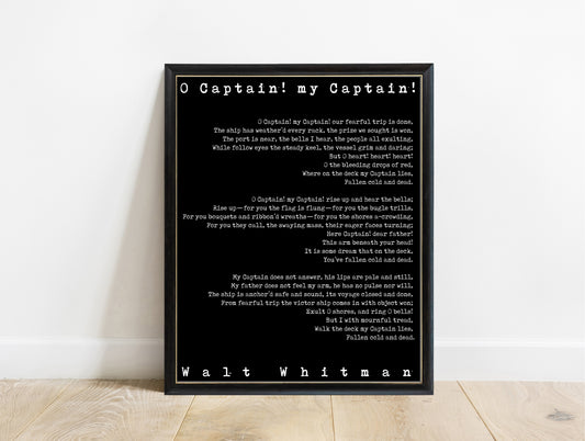 Walt Whitman O Captain My Captain typewriter poem print in a black frame, black background