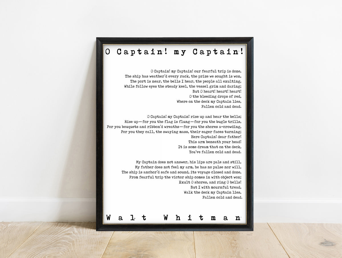 Walt Whitman O Captain My Captain typewriter poem print in a black frame, white background