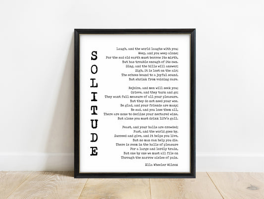 Ella Wheeler Wilcox Solitude vertical title poem print in a black frame, white background