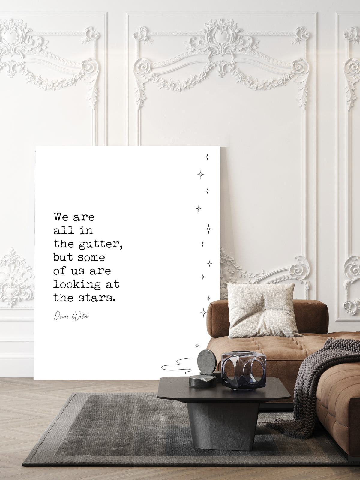 Oscar Wilde We are all in the gutter but some of us are looking at the stars quote print with line art stars, white background, shown unframed in a living room