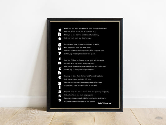 Dale Wimbrow the guy in the glass poem print with vertical title in a black frame, black background