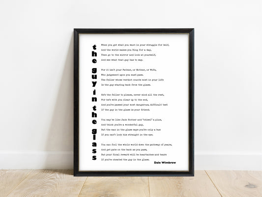 Dale Wimbrow the guy in the glass poem print with vertical title in a black frame, white background