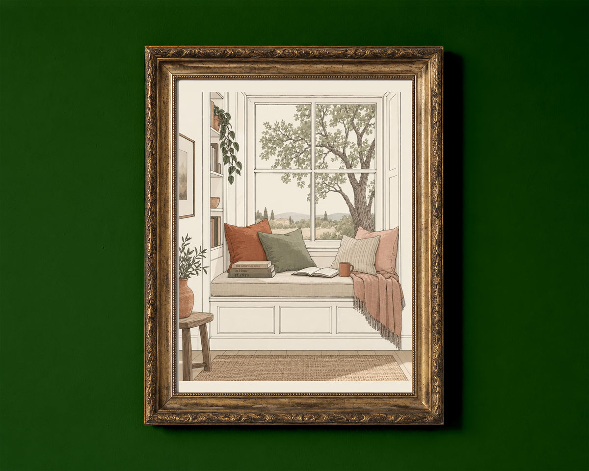 Window seat reading nook with books and a tree view illustration print shown in a gold frame for display only; framed prints are sent in a black frame