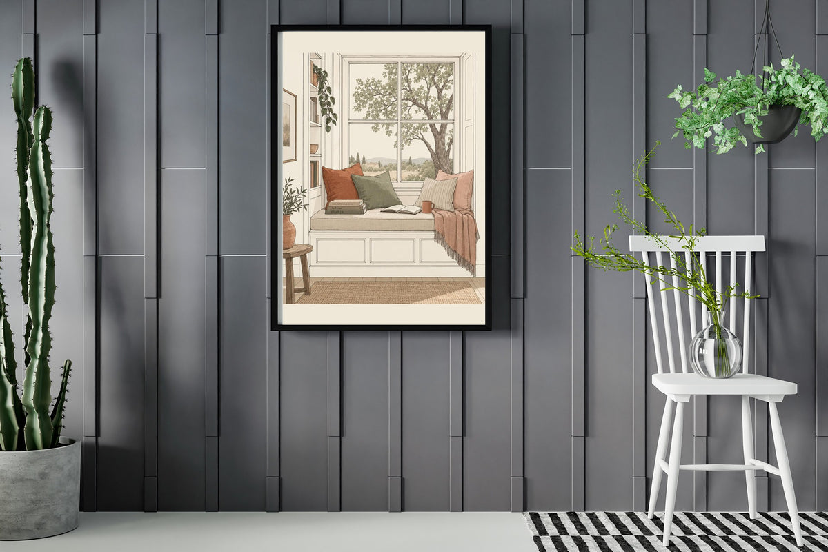 Window seat reading nook with books and a tree view illustration print framed in a room with plants