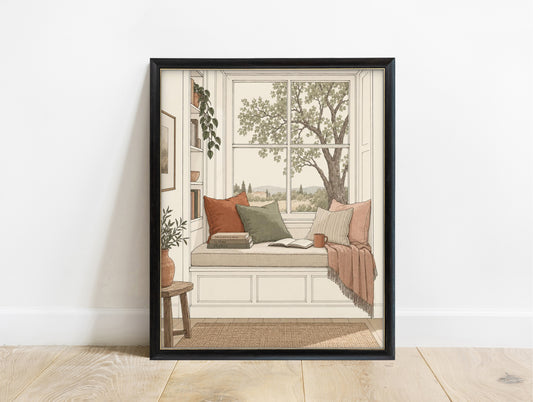 Window seat reading nook with books and a tree view illustration print in a black frame