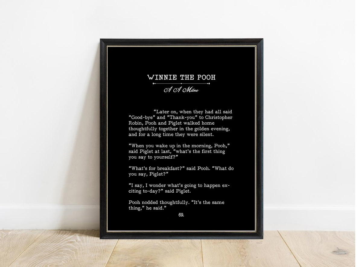 Winnie the Pooh What's For Breakfast book page print in a black frame, black background