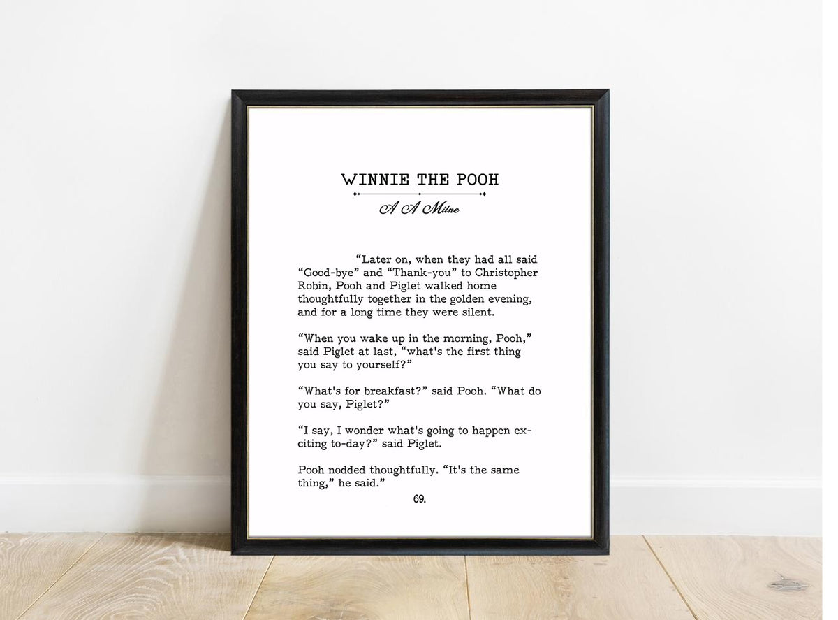 Winnie the Pooh What's For Breakfast book page print in a black frame, white background
