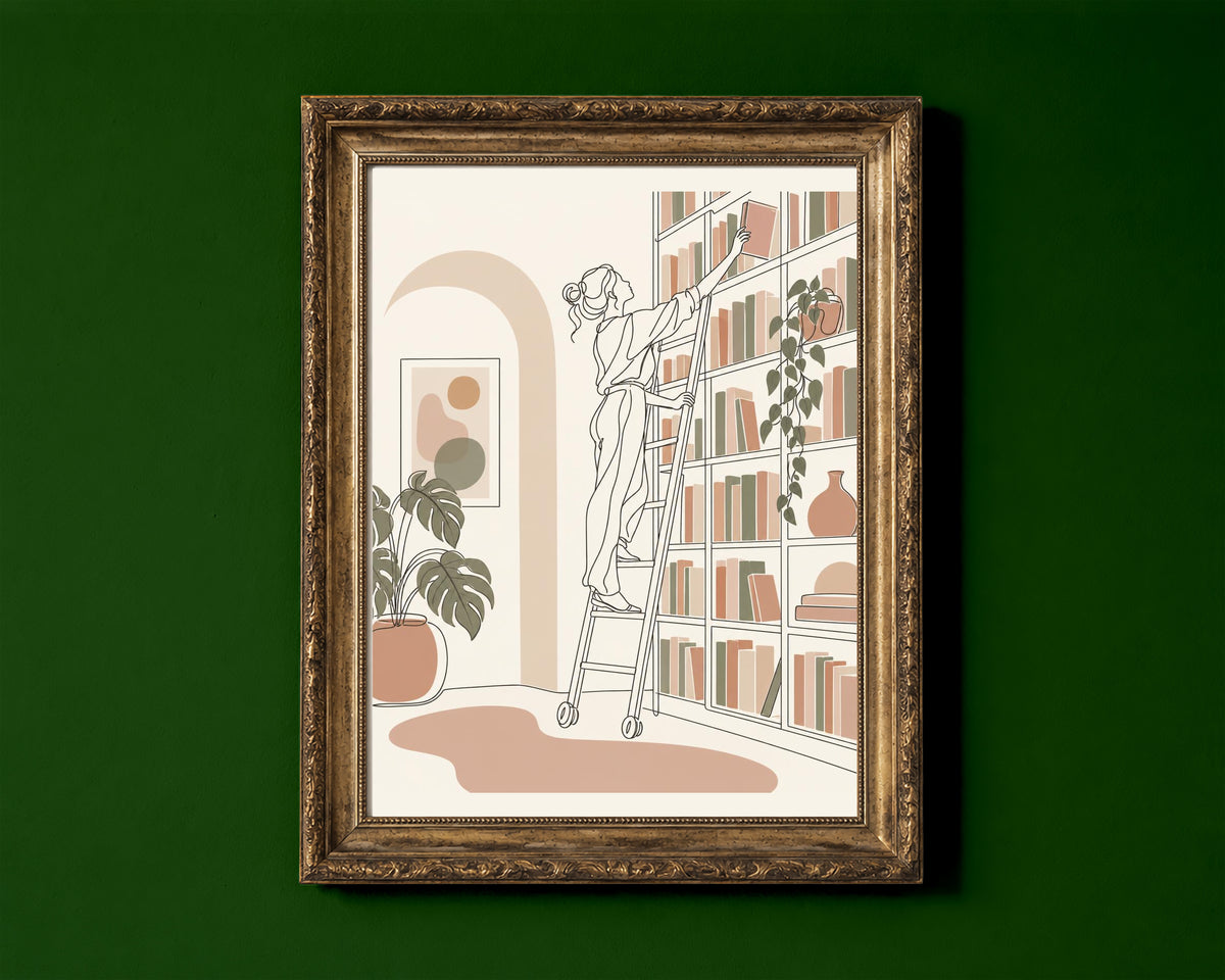 Woman on a library ladder reaching for a book, line art print shown in a gold frame for display only; framed prints are sent in a black frame