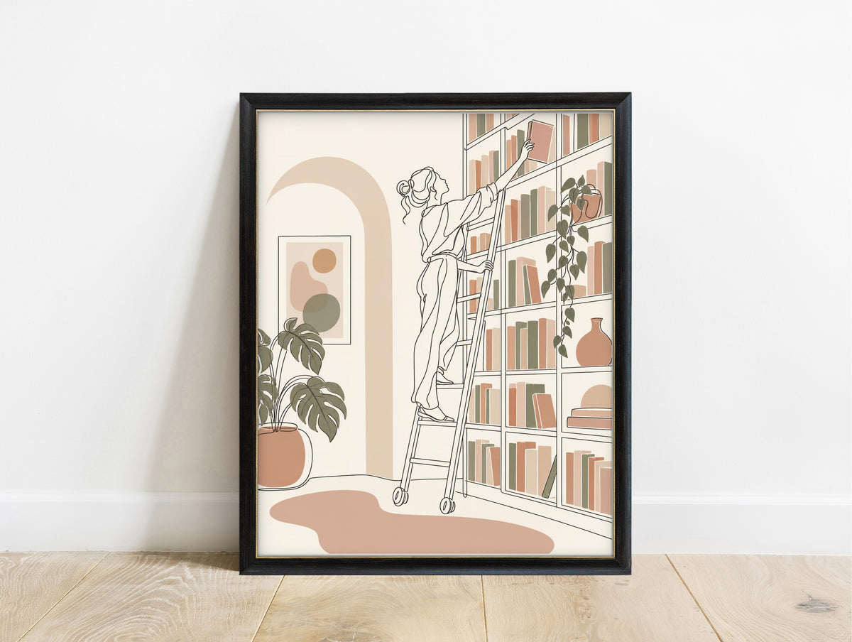 Woman on a library ladder reaching for a book, line art print in a black frame