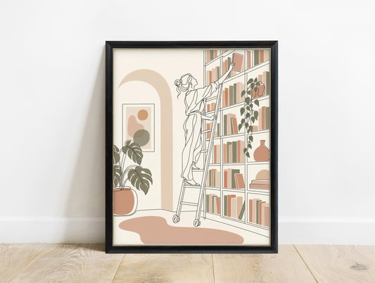 Woman on a library ladder reaching for a book, line art print in a black frame