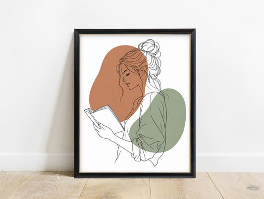 Woman reading a book, line art print with terracotta and sage shapes in a black frame