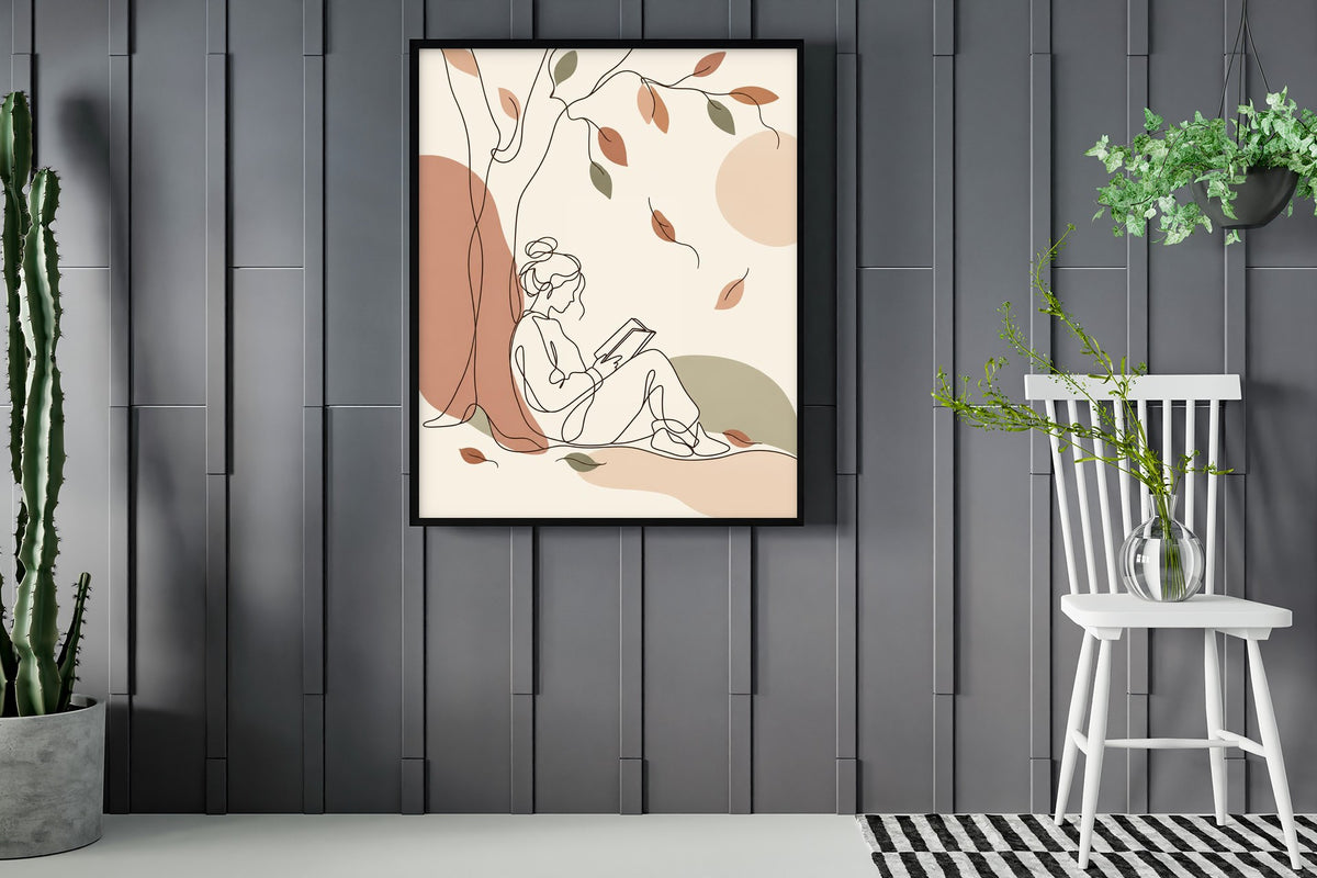 Line art of a woman reading under a tree with falling autumn leaves in boho colours framed in a room with plants