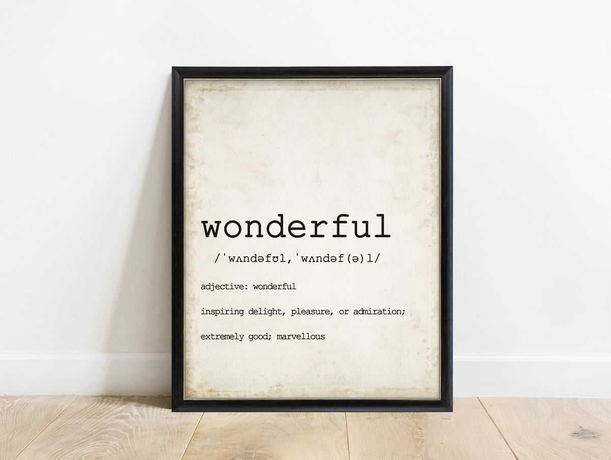 Wonderful dictionary definition print in a black frame, vintage background