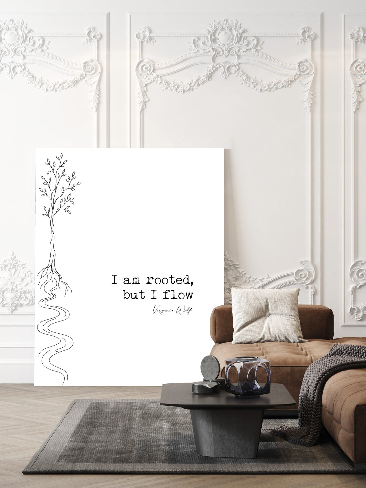 Virginia Woolf I am rooted, but I flow quote print with a line art tree whose roots become a river, white background, shown unframed in a living room