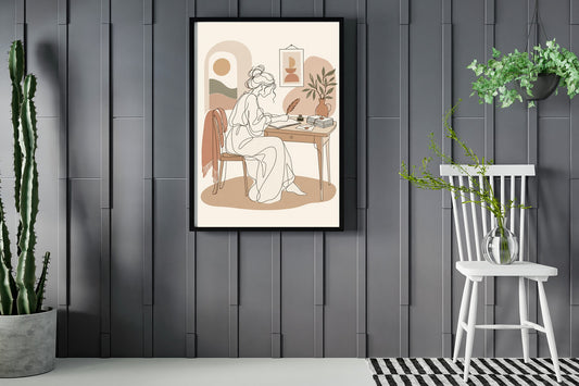 Woman writing at a desk with a quill, line art print framed in a room with plants