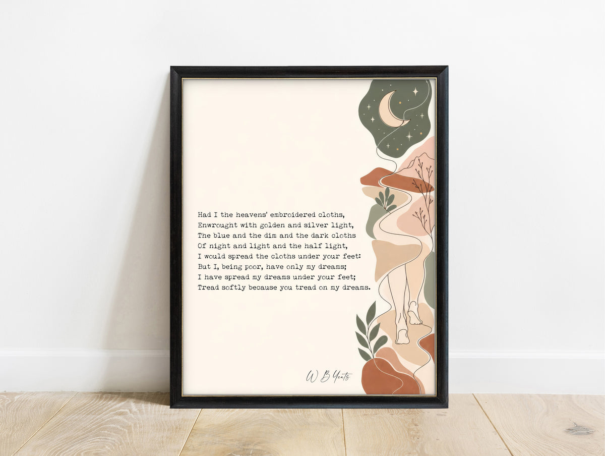 W. B. Yeats He Wishes for the Cloths of Heaven poem print with an illustrated moonlit path in a black frame