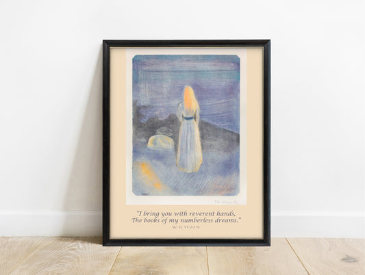 W.B. Yeats books of my numberless dreams quote print with Young Woman on the Beach by Edvard Munch, in a black frame