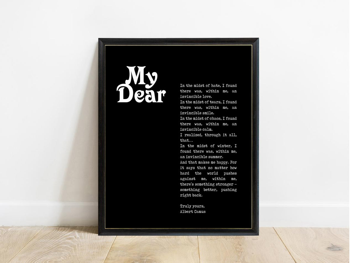 Albert Camus My Dear magazine style letter print in a black frame, black background