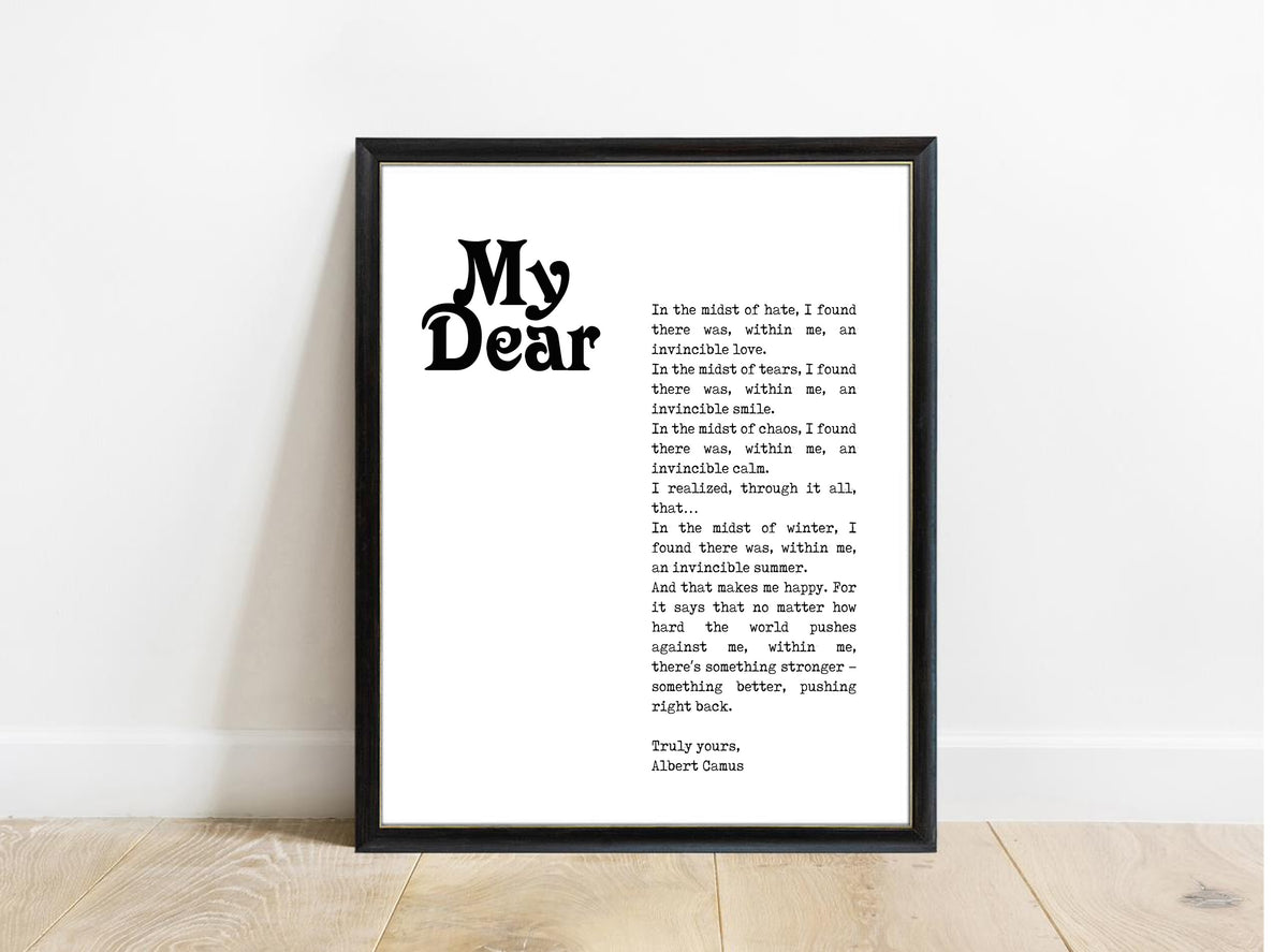 Albert Camus My Dear magazine style letter print in a black frame, white background