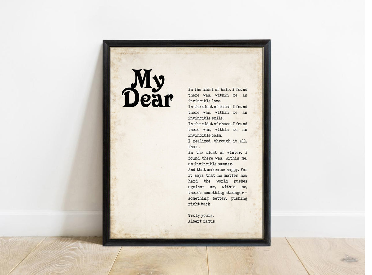 Albert Camus My Dear magazine style letter print in a black frame, vintage background
