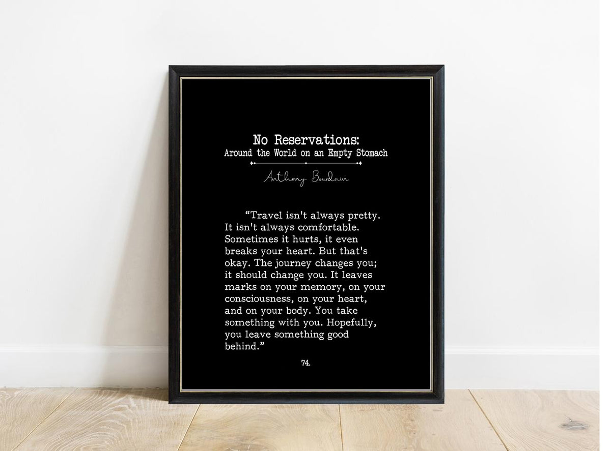 Anthony Bourdain No Reservations book page print in a black frame, black background