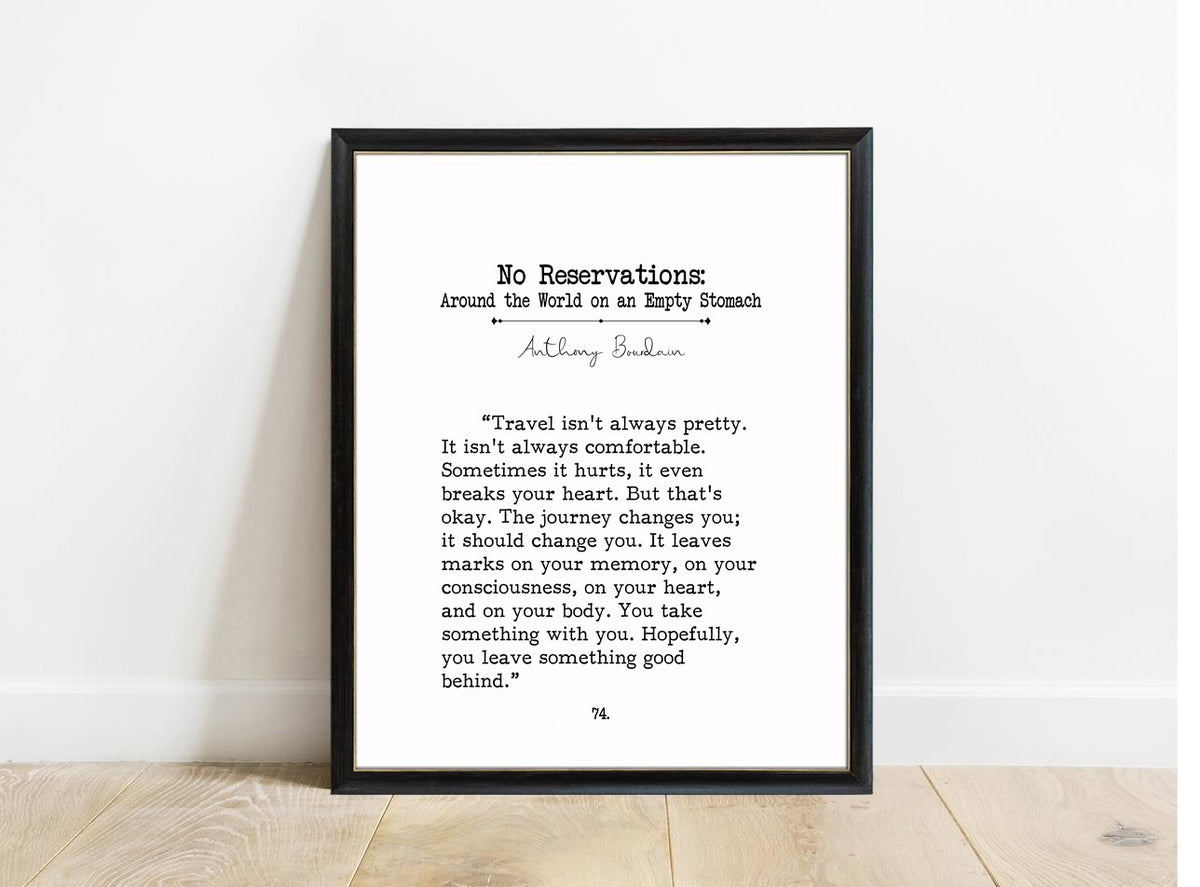 Anthony Bourdain No Reservations book page print in a black frame, white background