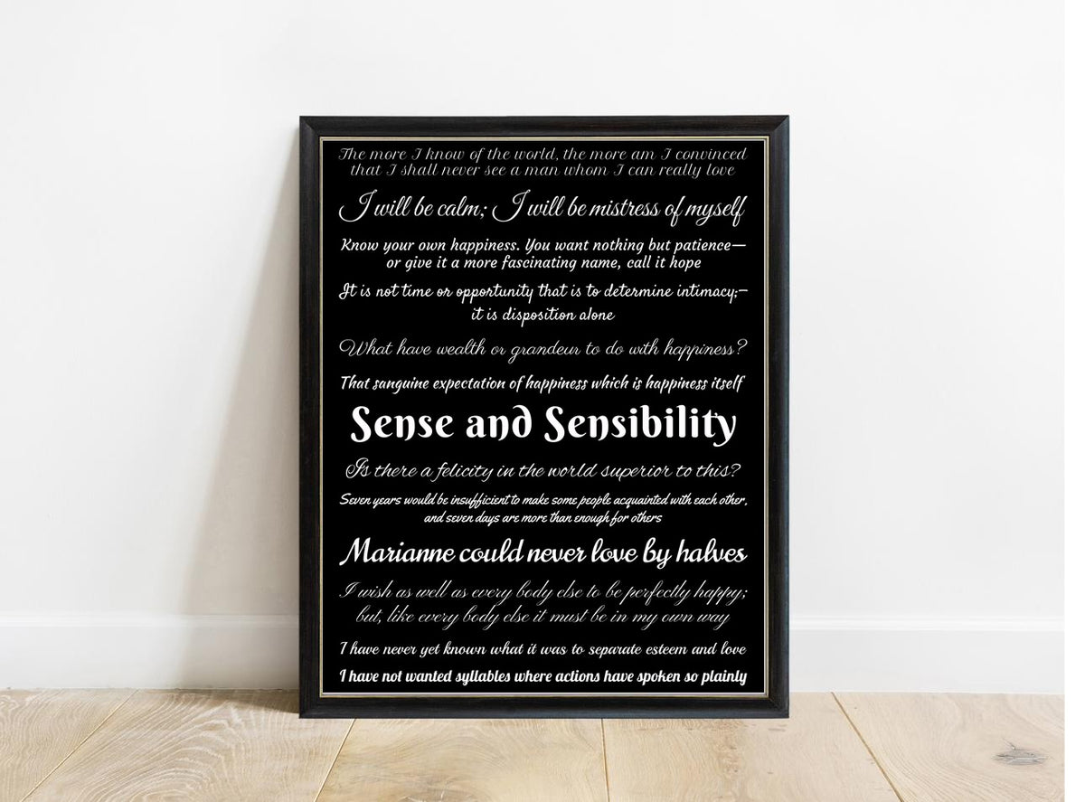 Jane Austen Sense and Sensibility quote collection print in a black frame, black background
