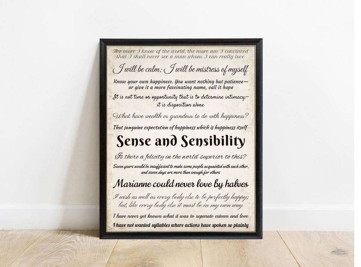 Jane Austen Sense and Sensibility quote collection print in a black frame, vintage background