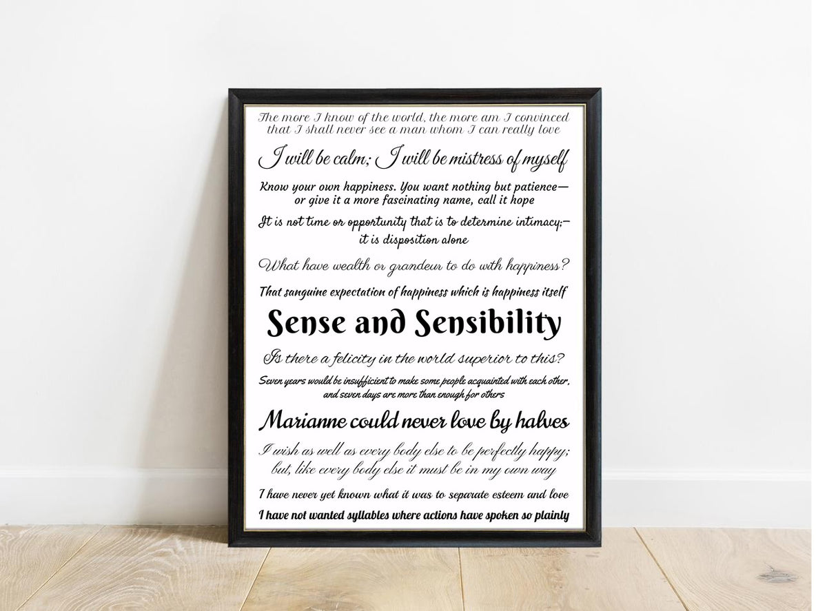 Jane Austen Sense and Sensibility quote collection print in a black frame, white background