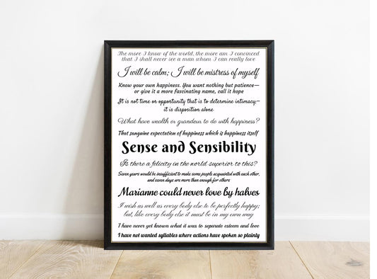 Jane Austen Sense and Sensibility quote collection print in a black frame, white background