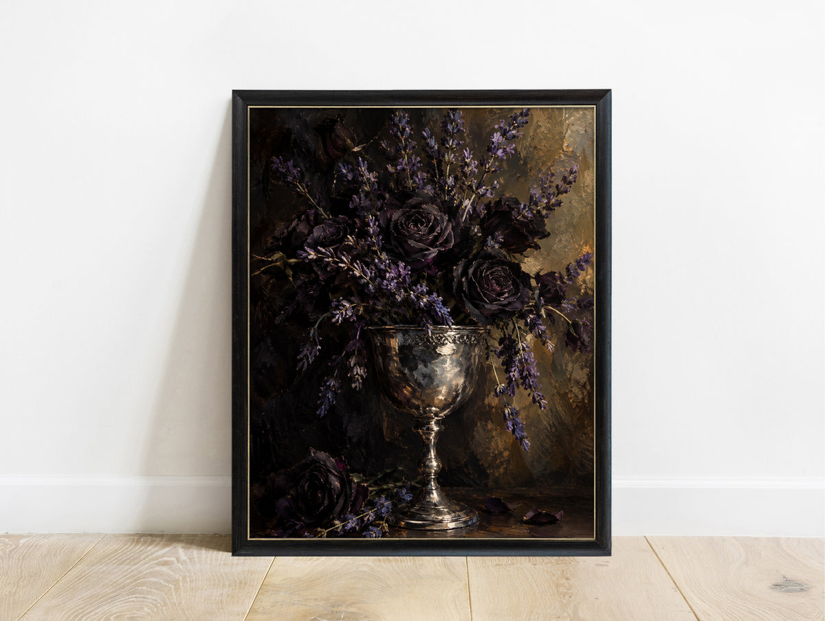 Silver chalice with lavender and dark roses, moody oil painting still life dark academia print in a black frame