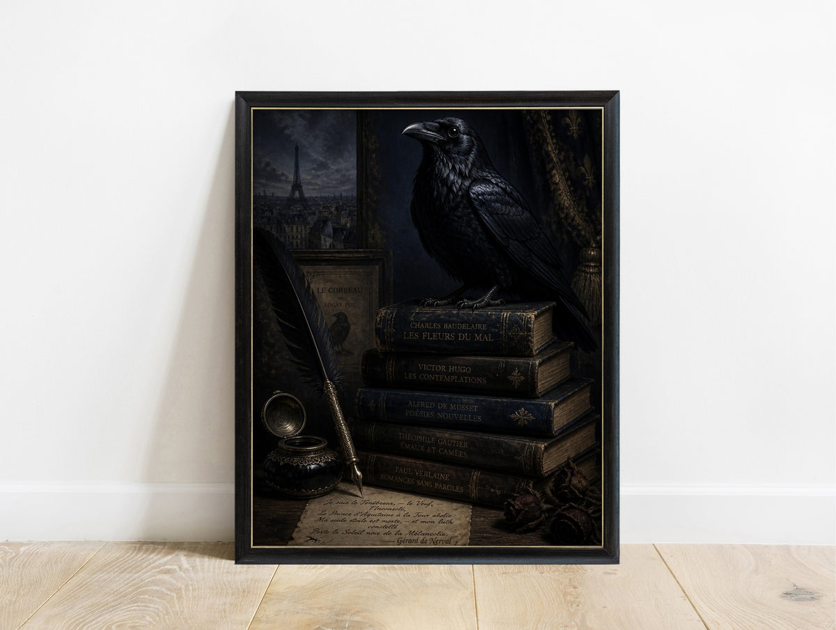Raven on a stack of French poetry books with a quill, candle and Nerval note, dark academia print in a black frame