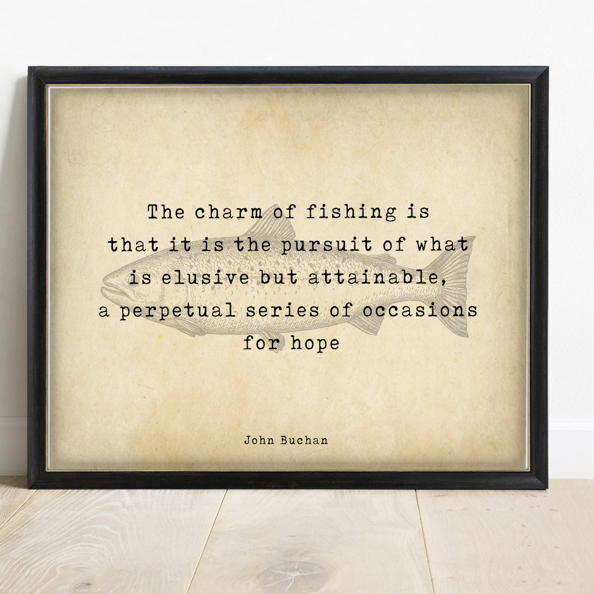 John Buchan charm of fishing quote print with salmon in a black frame, vintage background