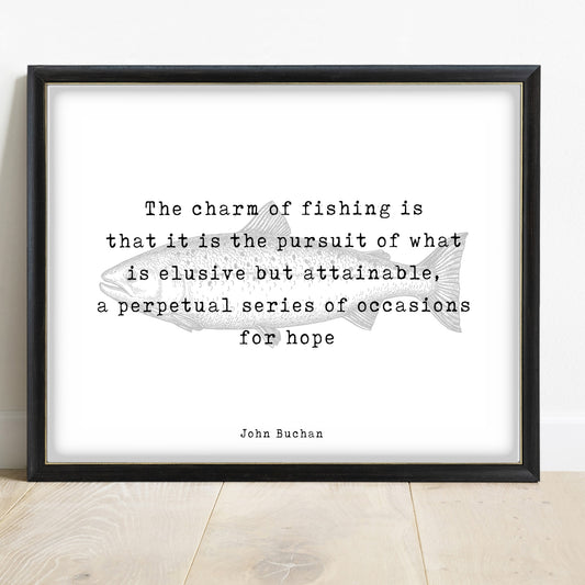 John Buchan charm of fishing quote print with salmon in a black frame, white background