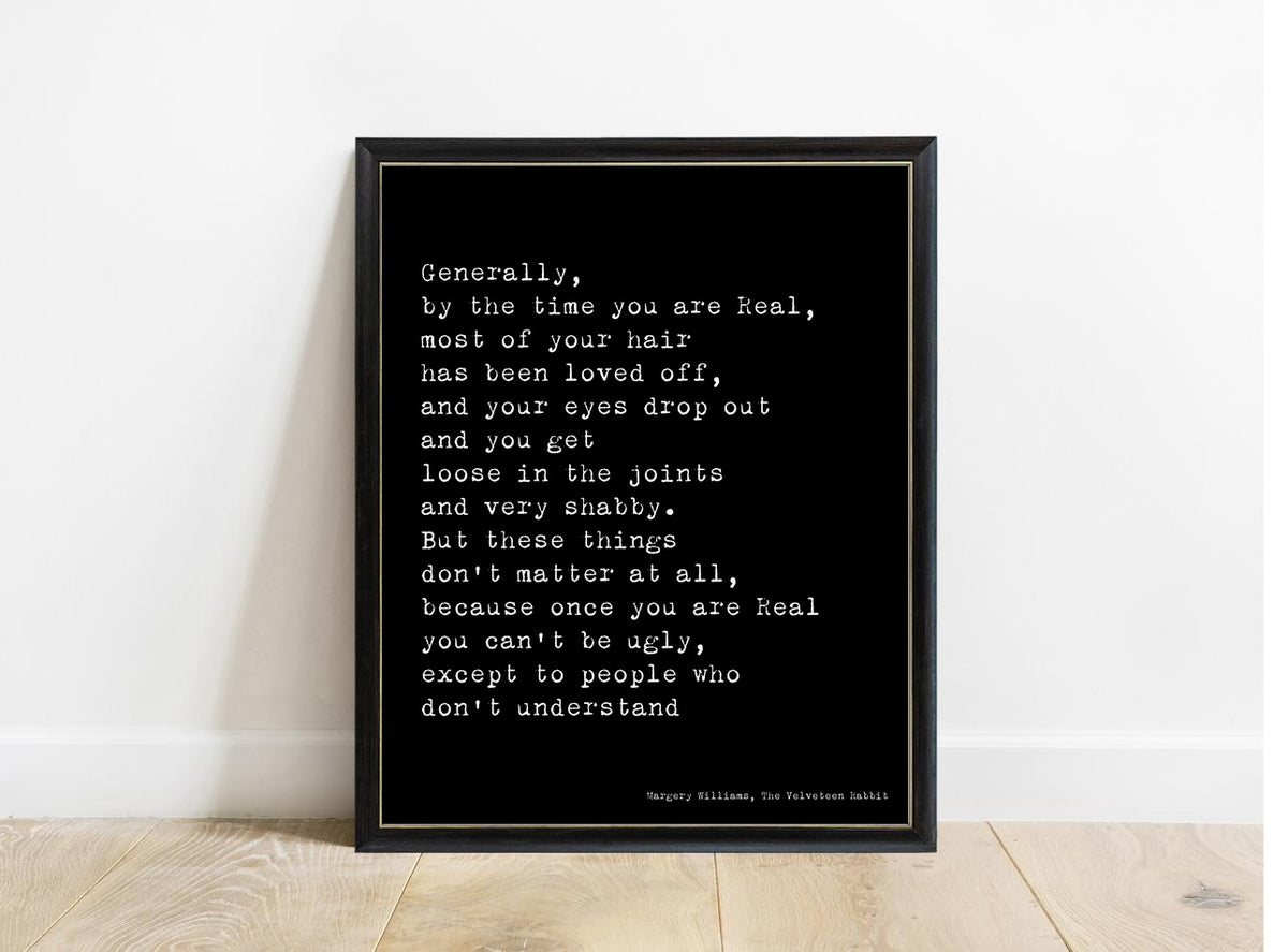 Velveteen Rabbit By the Time You Are Real print in a black frame, black background