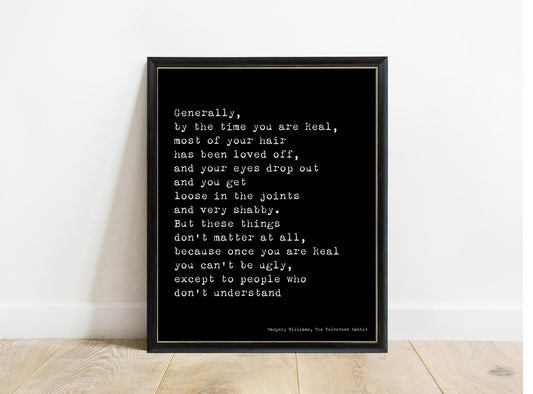 Velveteen Rabbit By the Time You Are Real print in a black frame, black background
