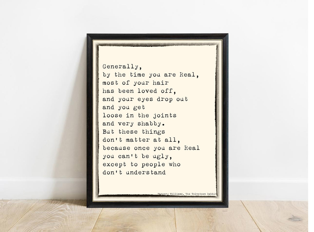 Velveteen Rabbit By the Time You Are Real print in a black frame, vintage background