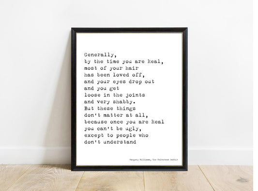 Velveteen Rabbit By the Time You Are Real print in a black frame, white background