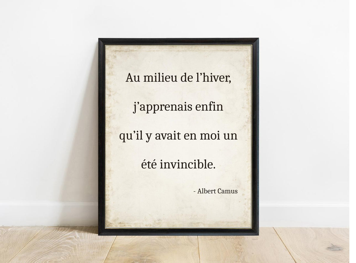 Albert Camus Un Ete Invincible French serif print in a black frame, vintage background