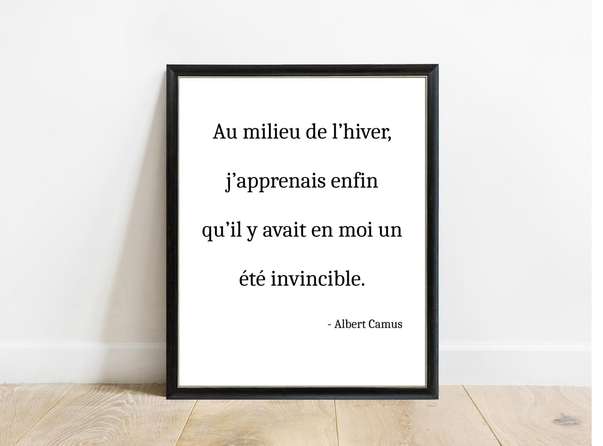 Albert Camus Un Ete Invincible French serif print in a black frame, white background